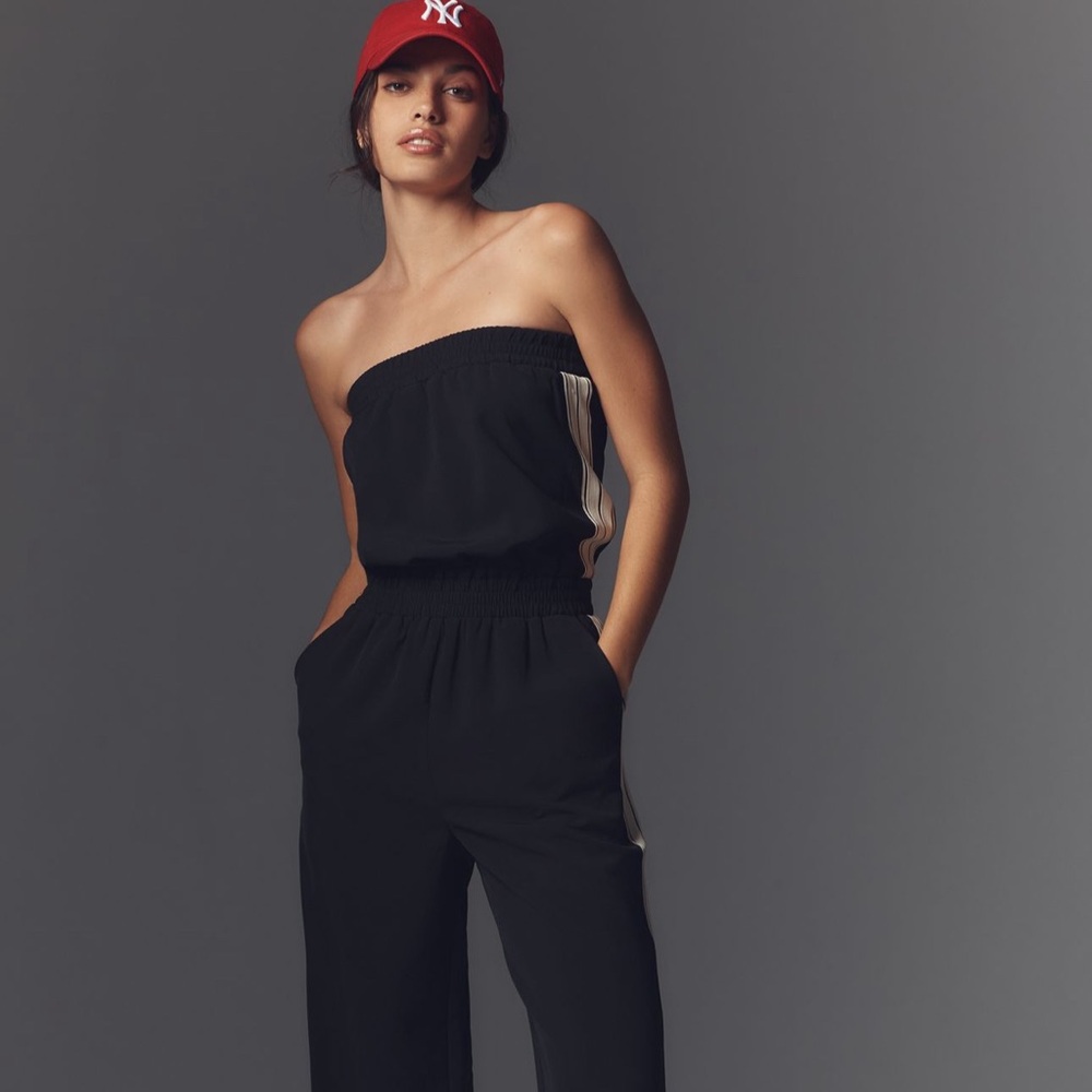 Anthropologie Black Stripe Strapless Jumpsuit